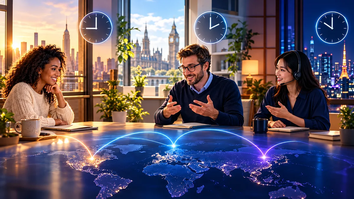 Three people in conversation across New York, London and Tokyo, with clocks and contrasting daylight showing their local times.